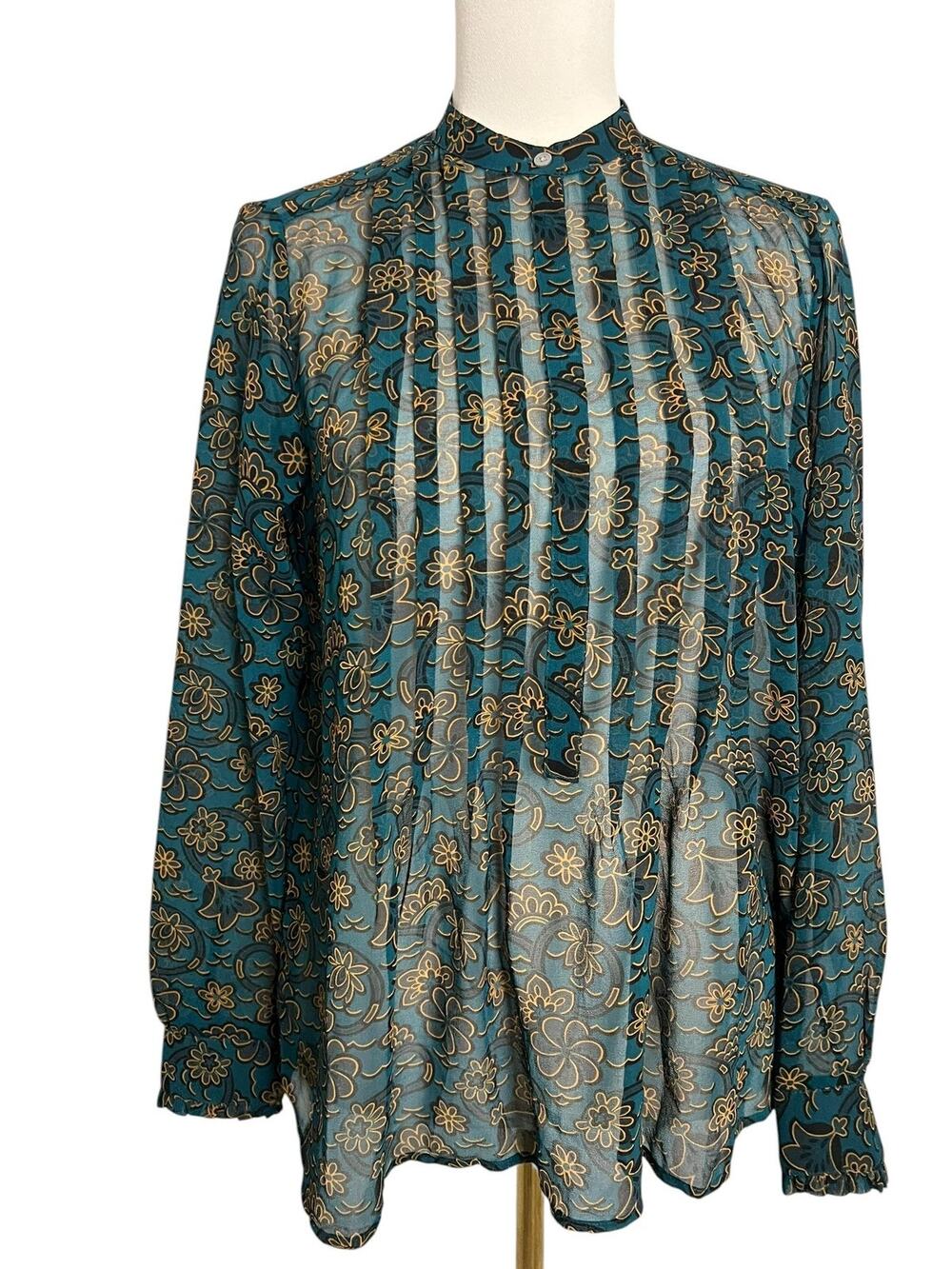 LOFT Blouse Womens XS Blue Floral Mock Neck Pleated Long Sleeve Sheer Top